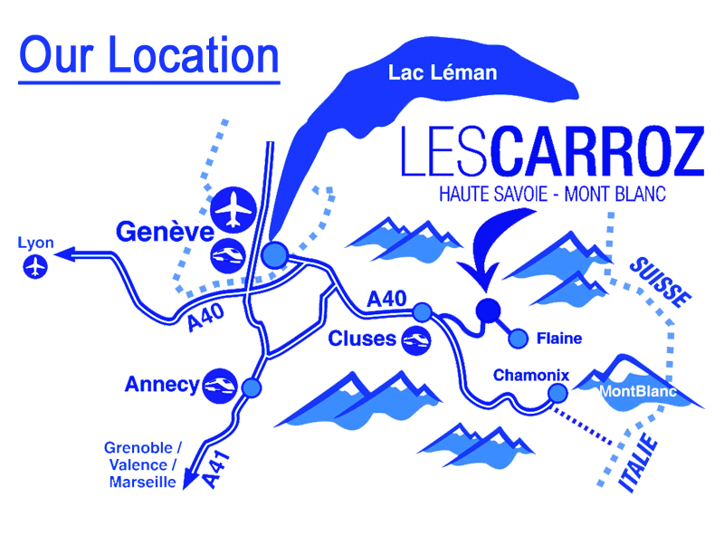 Map showing the location of Chalet Ascensus in Les Carroz, Grand Massif, France, relative to Geneva